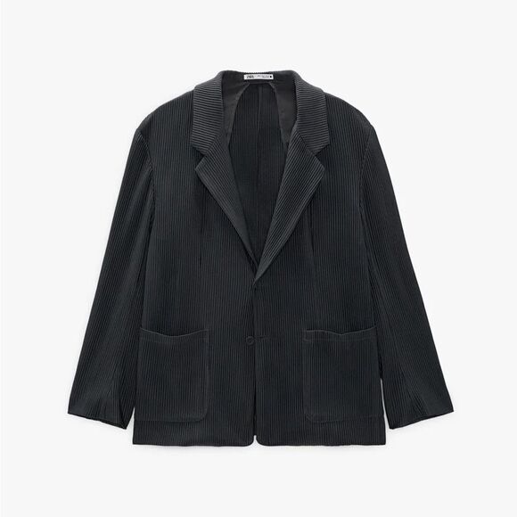Zara Black Ribbed Oversized Button Front Blazer, Size Medium - Picture 1 of 11